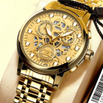 Relógio masculino Dourado Corrente com crucifixo anel ajustável pulseira dourada