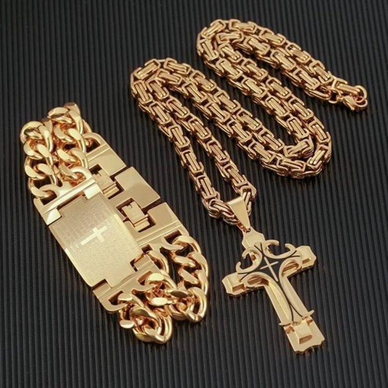 Conjunto Masculino, moda masculina, fé, banhado a ouro, crucifixo, pulseira masculina