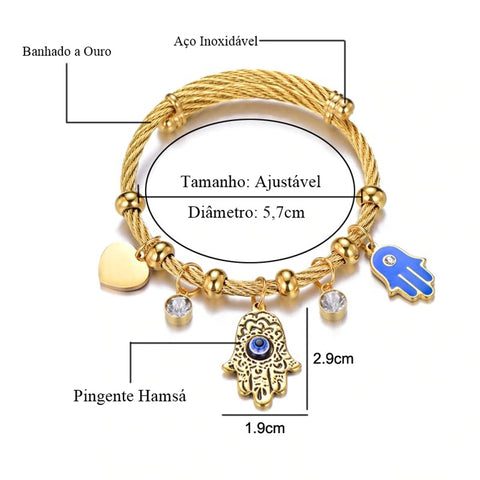 hamsá, mão de fátima, sorte, proteção, amuleto, talismã, budismo, prosperidade, ouro 18k, pulseira, acessório feminino, acessório elegante, acessório sofisticado