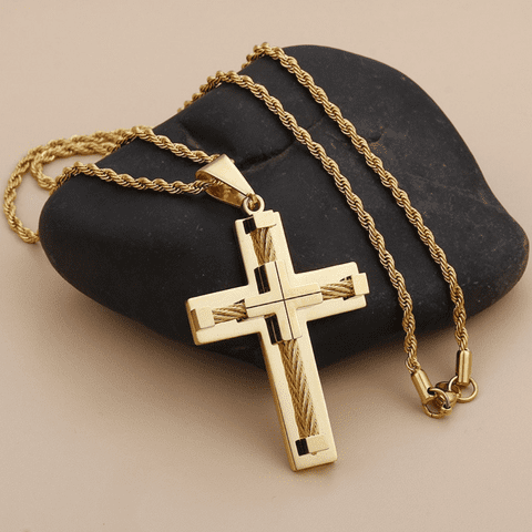 Crucifixo banhado a ouro, colar masculino, corrente masculina, moda masculina, colar ouro 18k, fé cristã