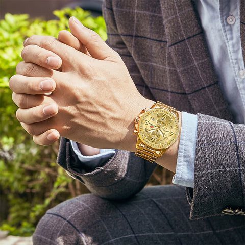 Relógio de luxo masculino dourado