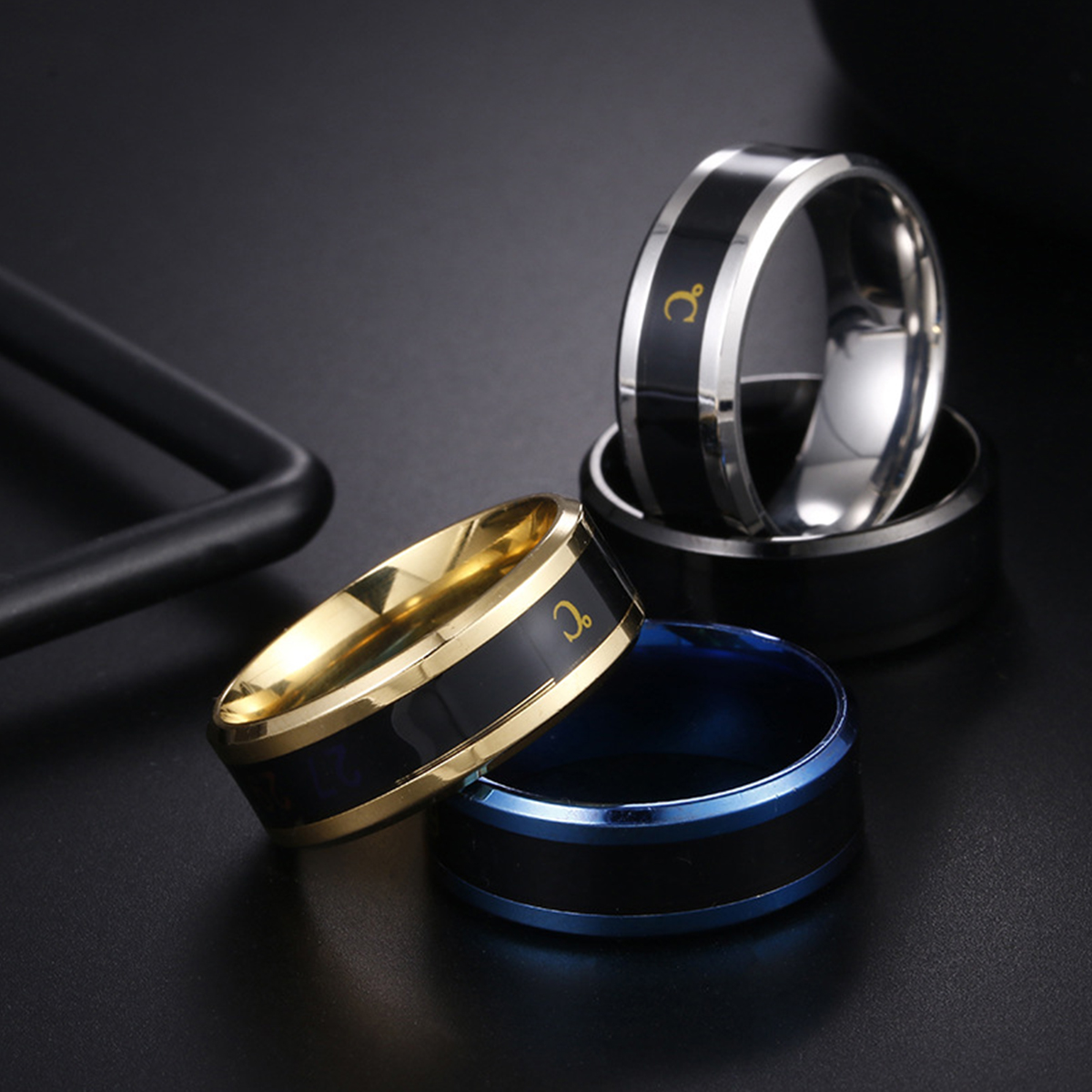 anel unissex, anel masculino, design sofisticado, três opções de cores, dourado, prata ou azul