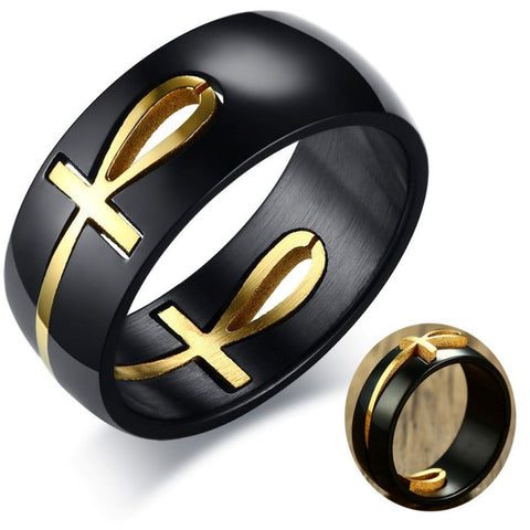 fé em cristo, anel com cruz, anel religioso, anel preto com detalhes dourados