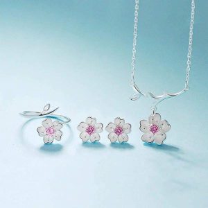 Conjunto Flor de Cerejeira em Prata Esterlina 925 - Cherry Blossom - Conjuntos e Kits - Conjuntos Femininos- Feminino - SANTO STILO