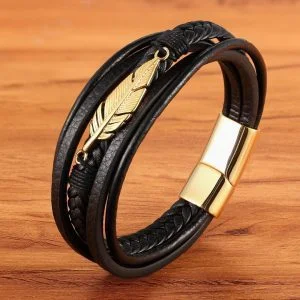 Pulseira de Couro com Fecho Magnético - Feather - Fecho Magnético - Masculino- Pulseira de Couro - SANTO STILO