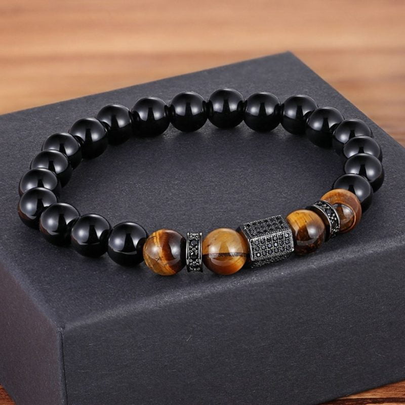 Pulseira de Olho de Tigre e Ônix - Proteção da Natureza - Energia Espiritual - Masculino- Pulseira Ajustável - SANTO STILO