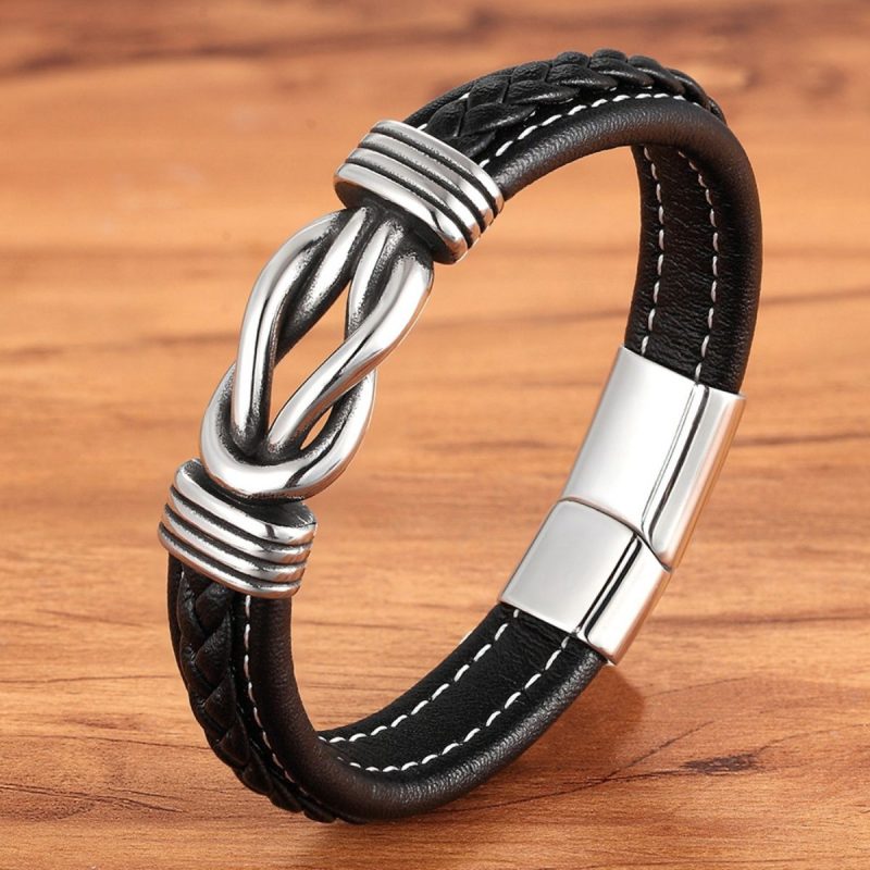 Pulseira Masculina em Couro e Aço Inoxidável - Knot - Masculino - Pulseira Masculina de Aço Inoxidável- Pulseira Masculina de Couro - SANTO STILO