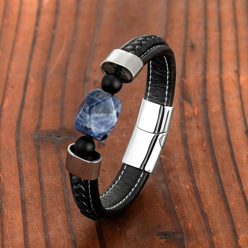 pulseira masculina de couro, pulseira masculina, acessórios masculinos, acessório masculino, pulseiras masculinas, pulseira de couro, quartzo azul, cristal