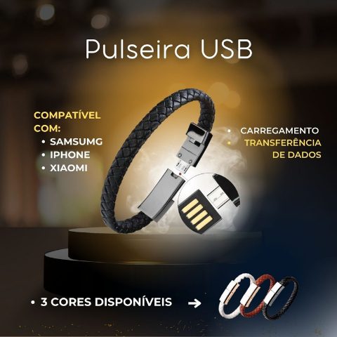 Puldeira USB que carregador e pendrive, em couro elástico, aço inoxidante. Para conectores Iphone, Micro USB e Tipo C. Prática de usar.
