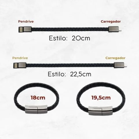 Puldeira USB que carregador e pendrive, em couro elástico, aço inoxidante. Para conectores Iphone, Micro USB e Tipo C. Prática de usar.