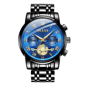 relógio masculino preto com azul e dourado