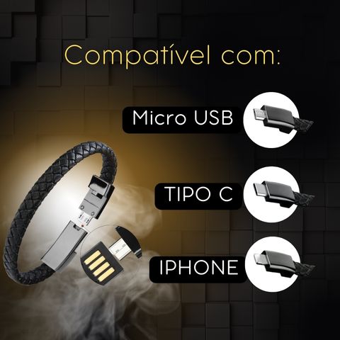 Puldeira USB que carregador e pendrive, em couro elástico, aço inoxidante. Para conectores Iphone, Micro USB e Tipo C. Prática de usar.