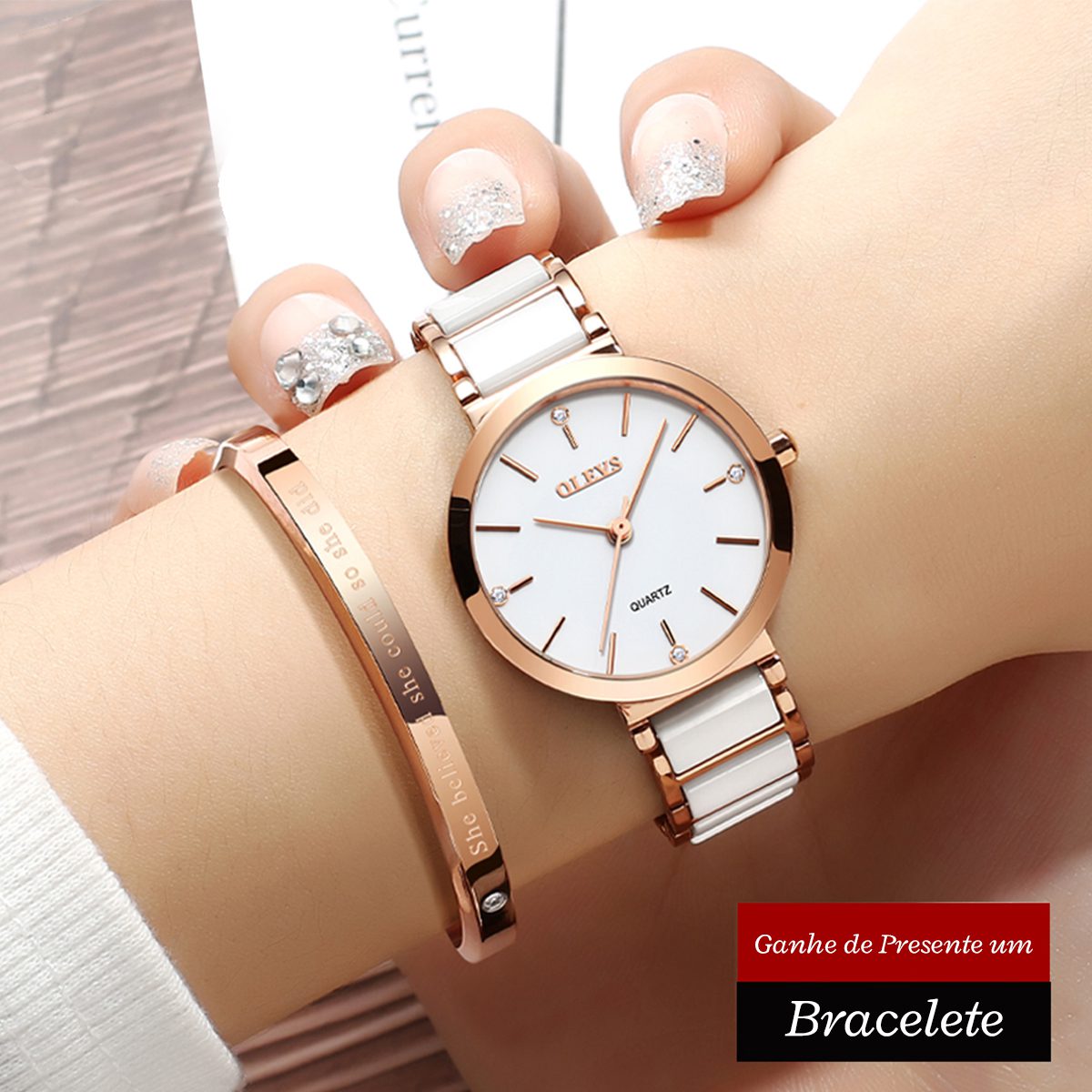 Relógio + Bracelete, Perfeição em Cada Detalhe para Mulheres Sofisticadas, relógio off white, relógio com pulseira em cerâmica