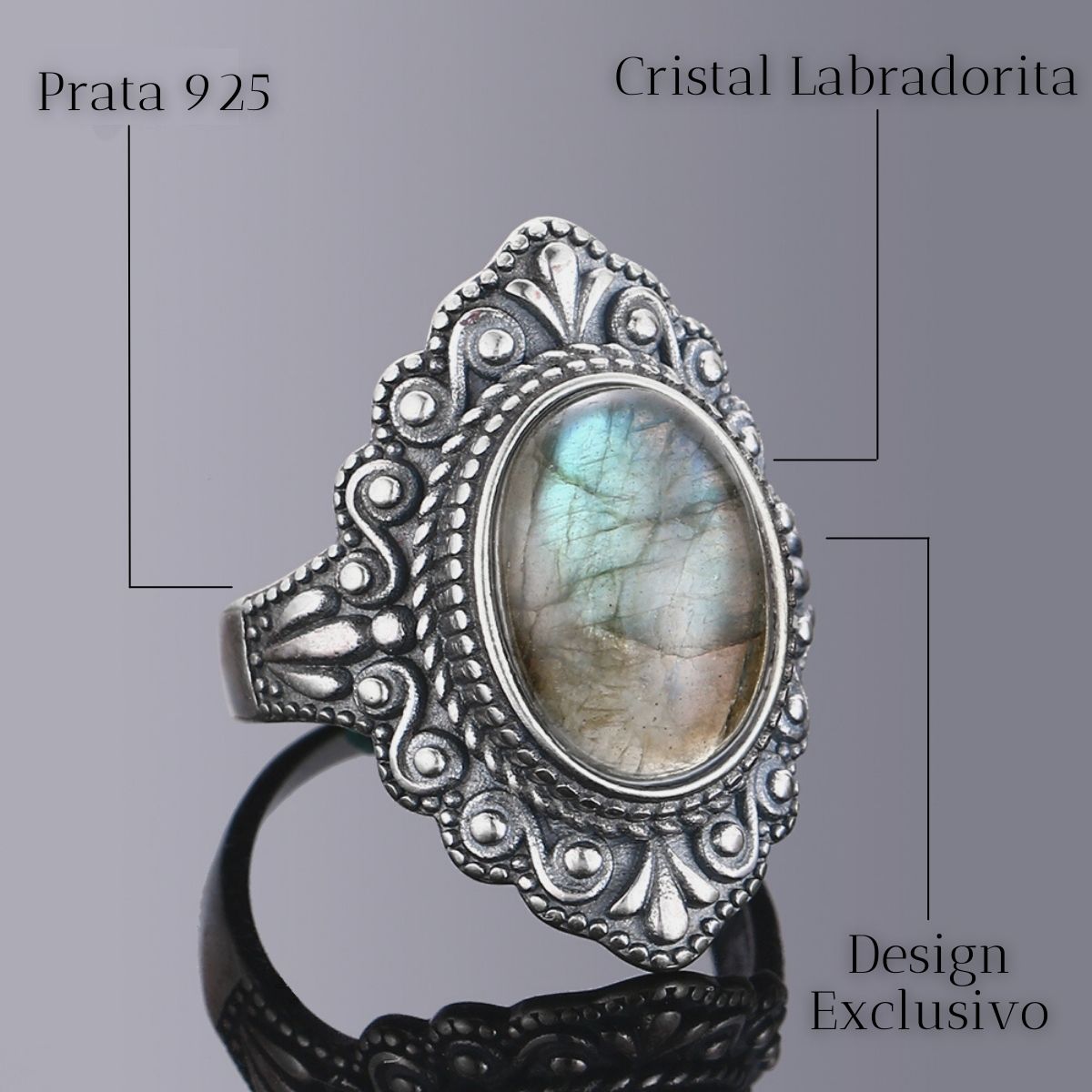 anel feminino, anel boho, anel de prata, anel com labradorita, labradorita, cristal, acessório feminino, acessório de prata