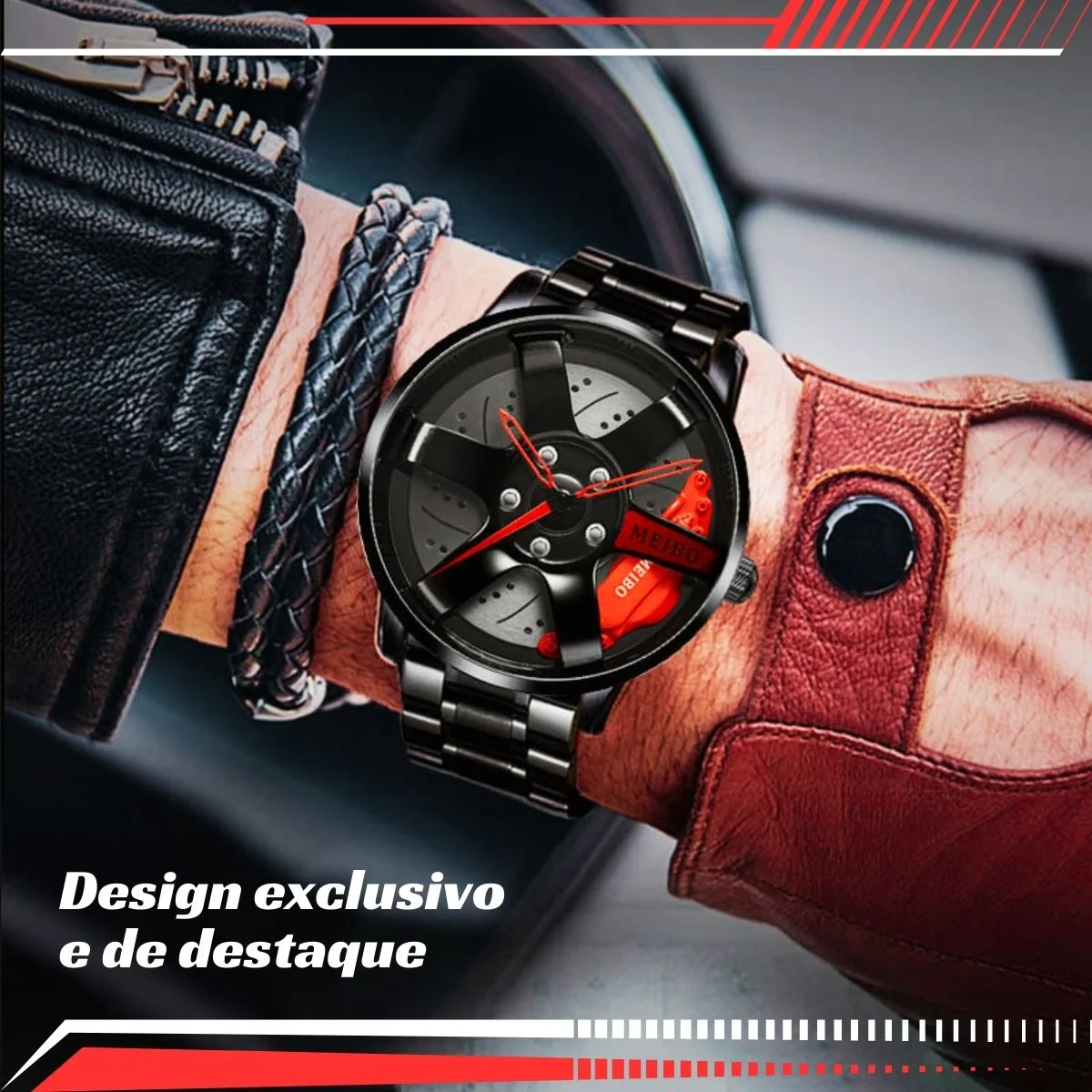 relógio masculino, apaixonados por carros, velocidade, aço inoxidável, relógio de aço inoxidável, design exclusivo, roda de liga leve, qualidade premium, automobilismo, pódio, visor de cristal hardlex, relógio diferenciado,