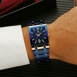 Relógio Quadrado, Relógio de luxo, Relógio Masculino, Relógio Azul, Ouro Rosé