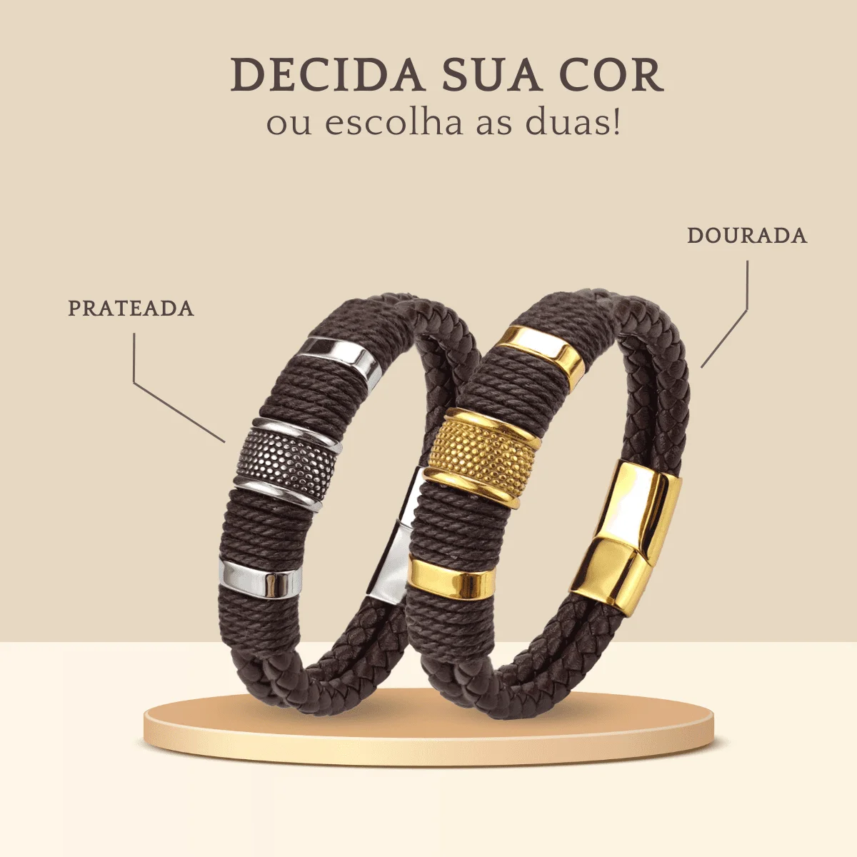 Pulseira de couro, pulseira de couro dourada, pulseira prata, acessório dourado, peça de couro com prata