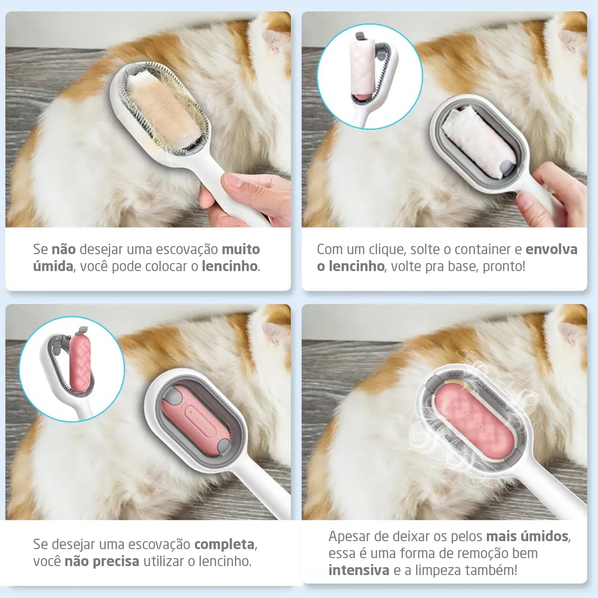 Dois Modos de Uso da Escova para Gatos, Elimine os Pelos dos Gatos e Cachorros, Pet Limpo e Cheiroso em Minutos