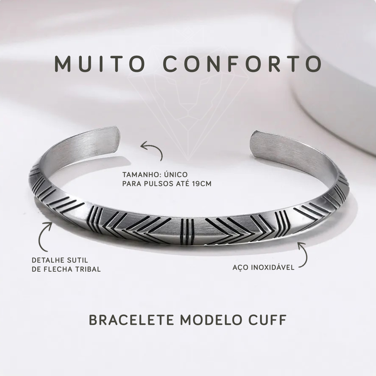 bracelete cuff slim, confortável, durável, feito em aço inoxidável, flecha tribal