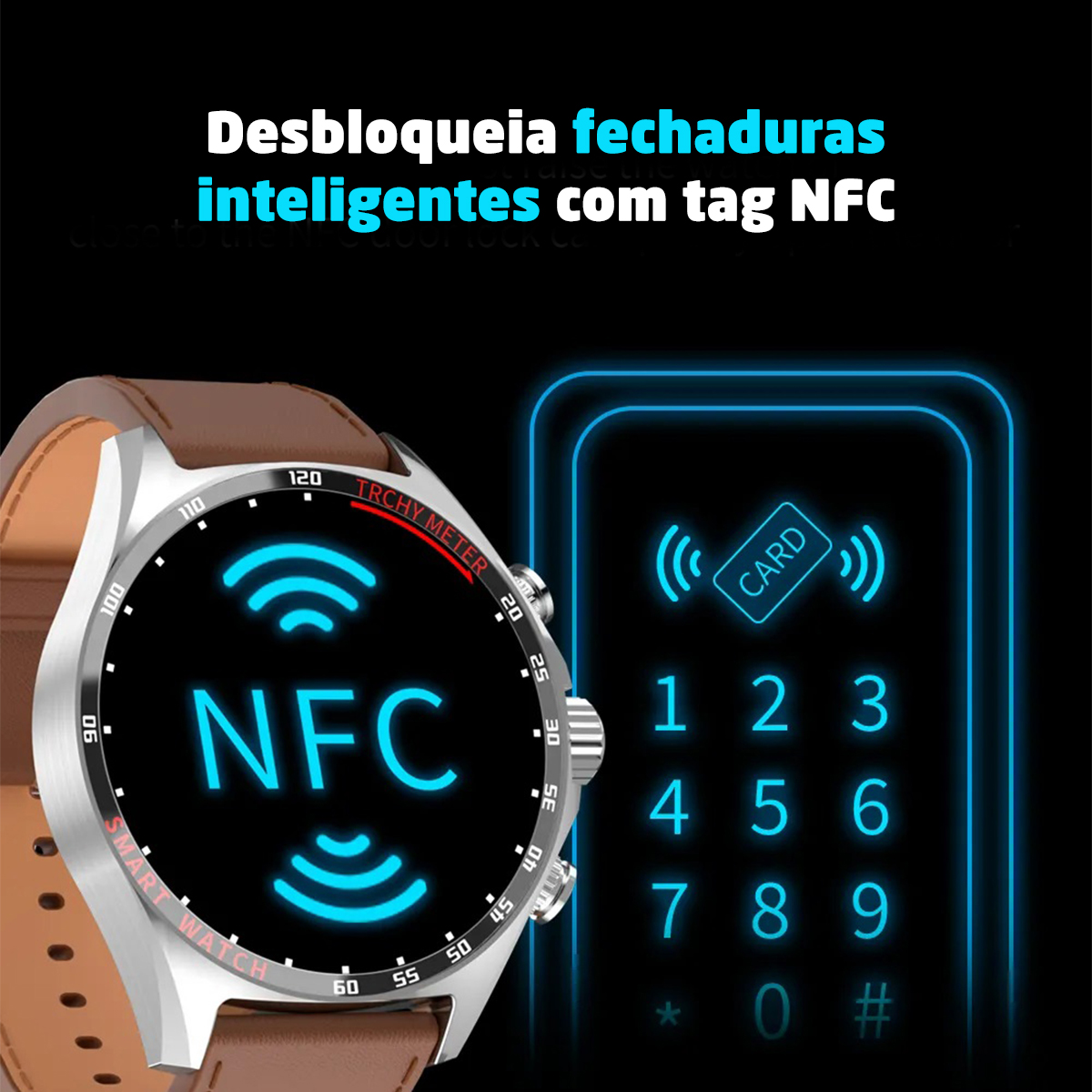 relógio que desbloqueia fechadura inteligente por aproximação, TAG NFC, tecnologia
