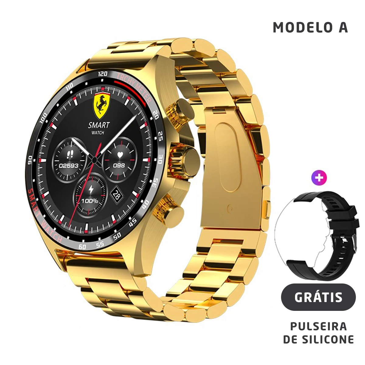 Smartwatch dourado, pulseira de metal, elos de corrente, grátis pulseira de silicone