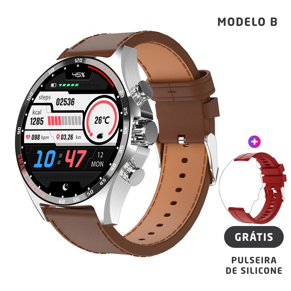 Smartwatch com pulseira em couro, couro legítimo, couro macio, grátis pulseira de silicone, pulseira vermelha