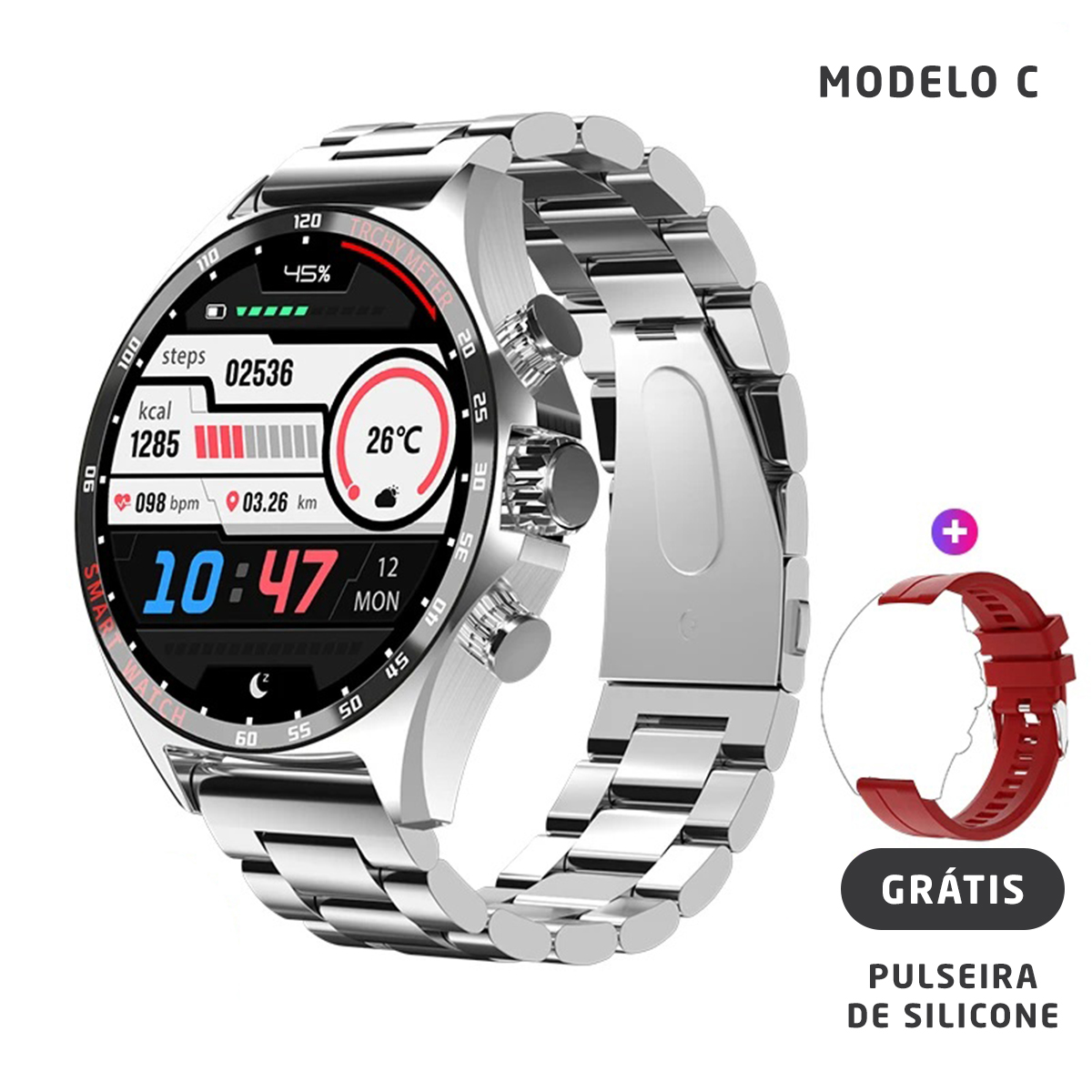 Smartwatch prata, pulseira de metal, elos de corrente, grátis pulseira de silicone, pulseira vermelha