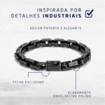 Pulseira estilo industrial, design potente, elegante, fecho exclusivo, seguro, acabamento envelhecido polido, bracelete de luxo, masculinidade